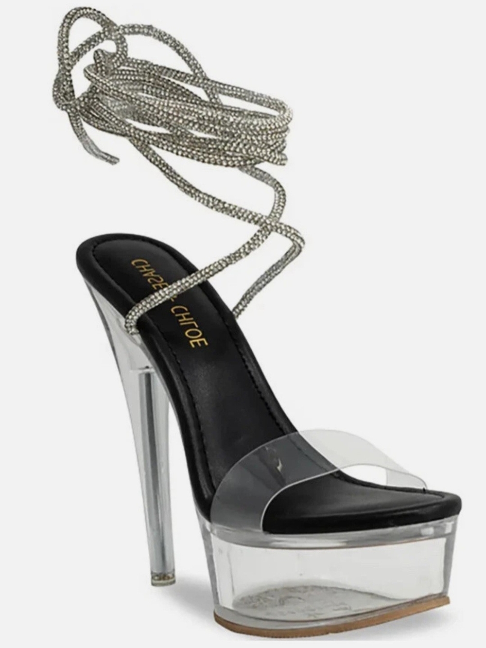 Chase + Chloe Clear Platform Stiletto Sandals with Rhinestone Wrap